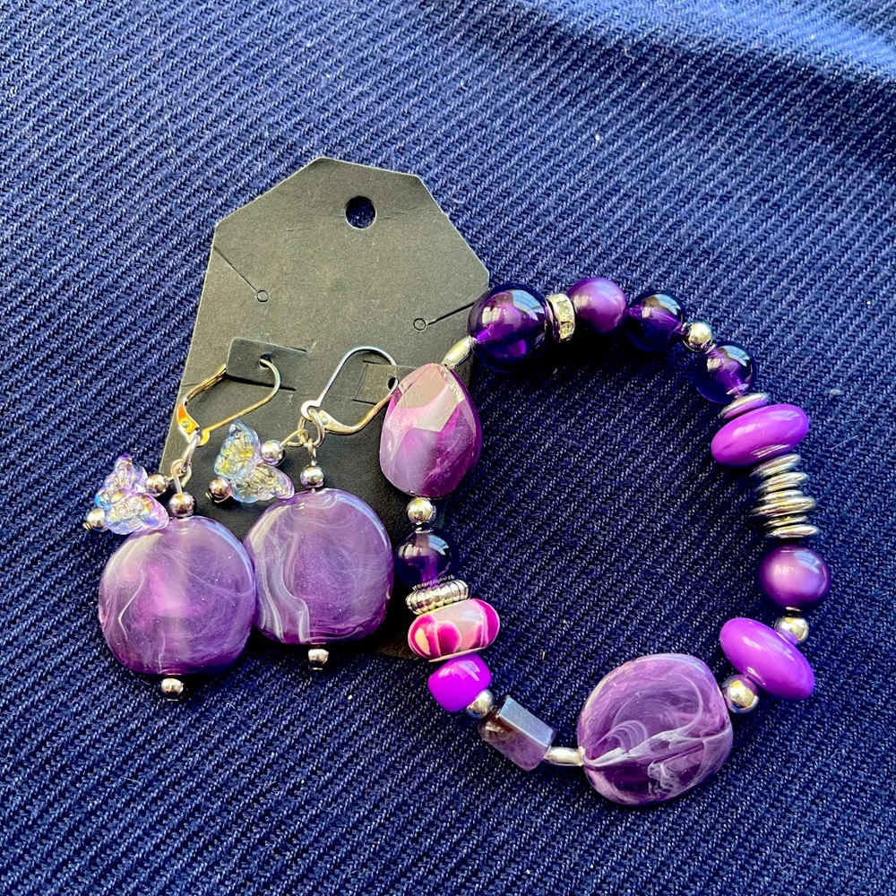 Purple Beaded Earrings Bracelet Jewelry Set